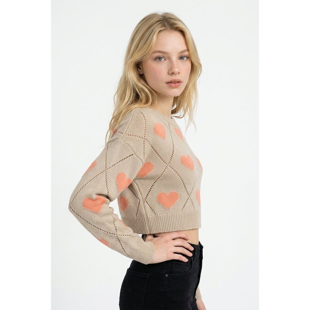 Nikka K Women's Beige Cropped Sweater with Pink Heart Pattern Size S